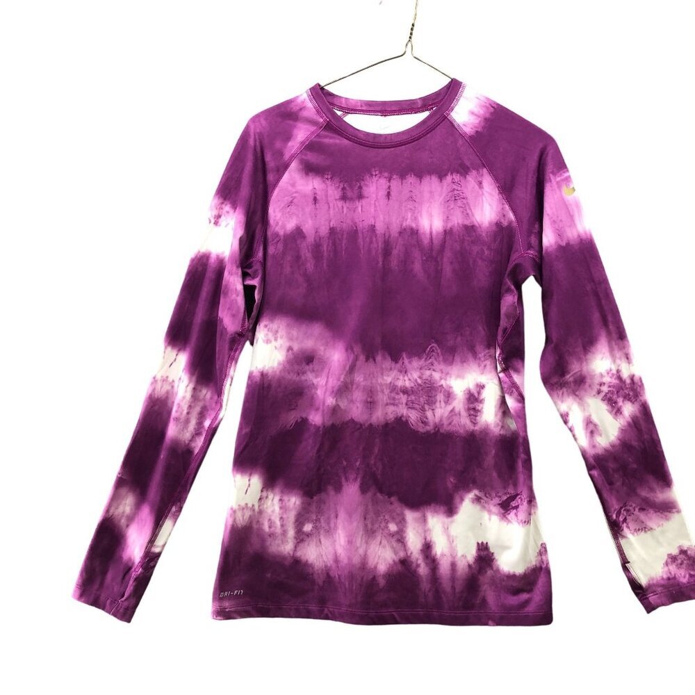 Nike Pro Combat Long Sleeve‎ T Shirt Womens L Purple Tie Dye Fitted Dri-Fit City